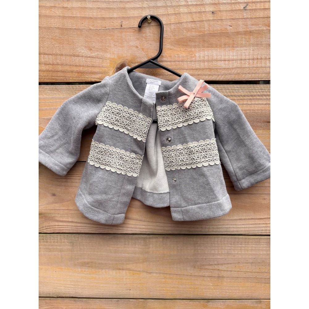 Tahari Baby Girls Gray Lace Trim Bow Snap Front Jacket Cardigan 12M
